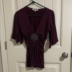 Spenser Jeremy Plum V-Neck Ruched Tunic with Decorative Brooch